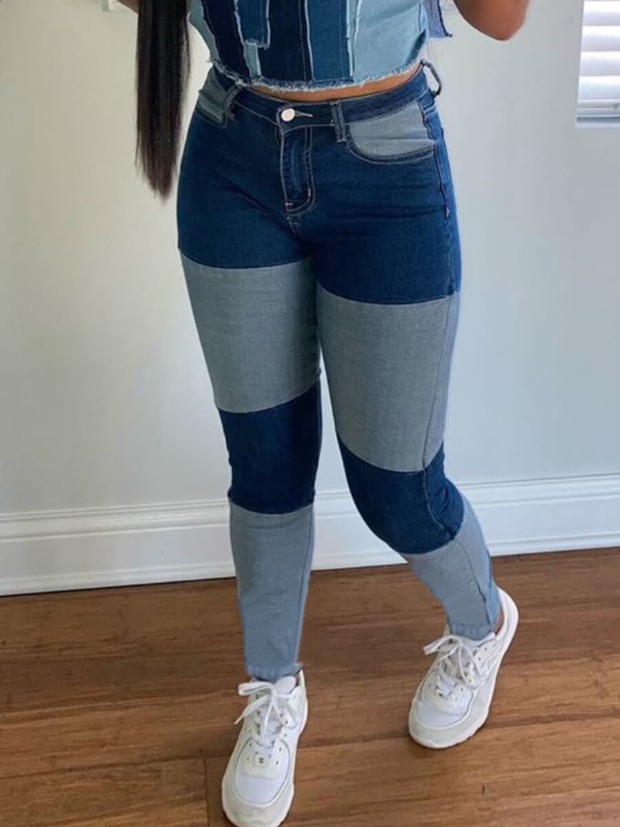 

Lovely Casual Patchwork Skinny Blue Jeans