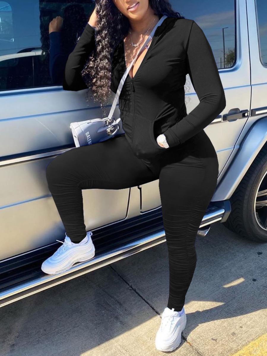

Lovely Casual Turndown Collar Zipper Design Black Two Piece Pants Set