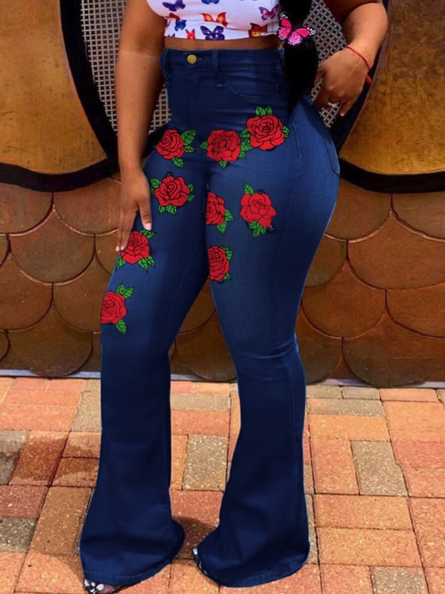 

Lovely Street High-waisted Rose Embroidered Deep Blue Jeans