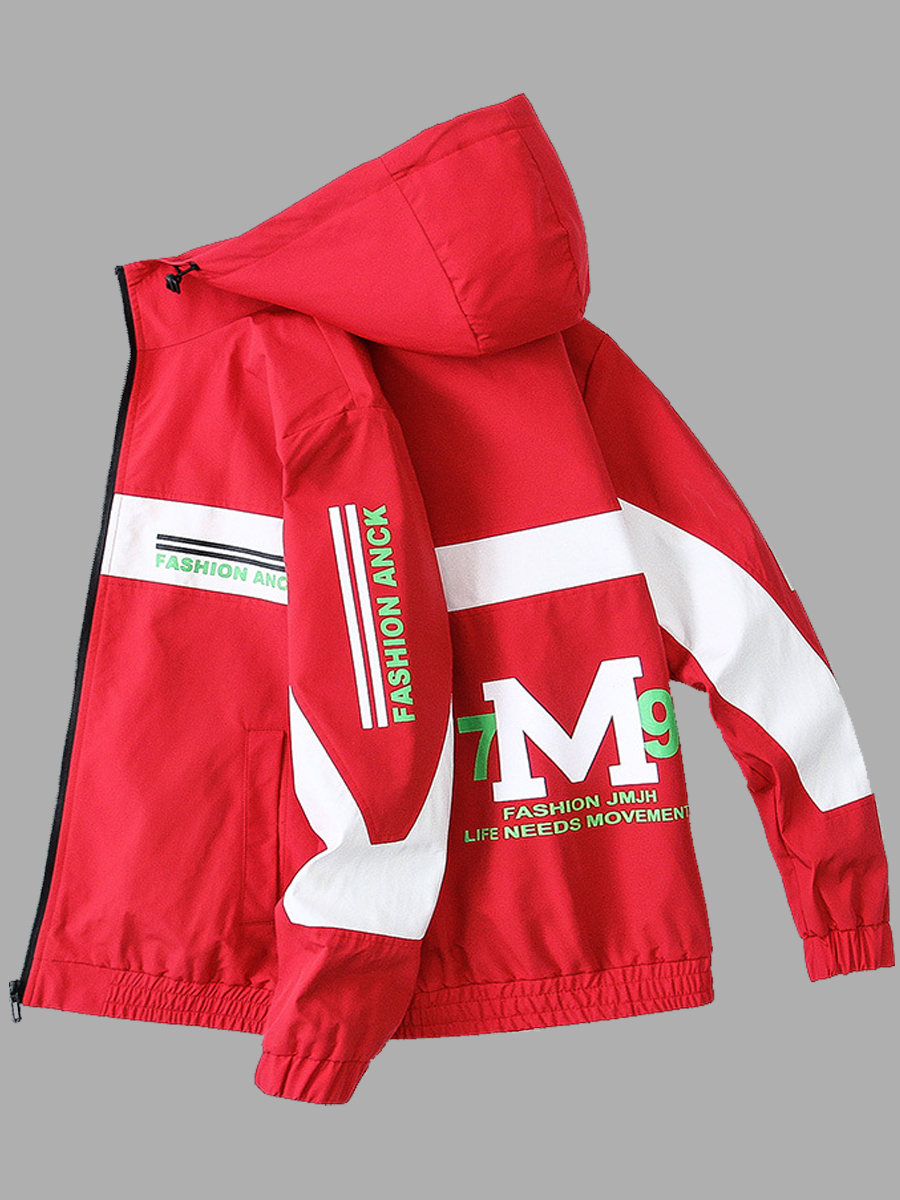 

lovely Street Hooded Collar Print Red Men Jacket