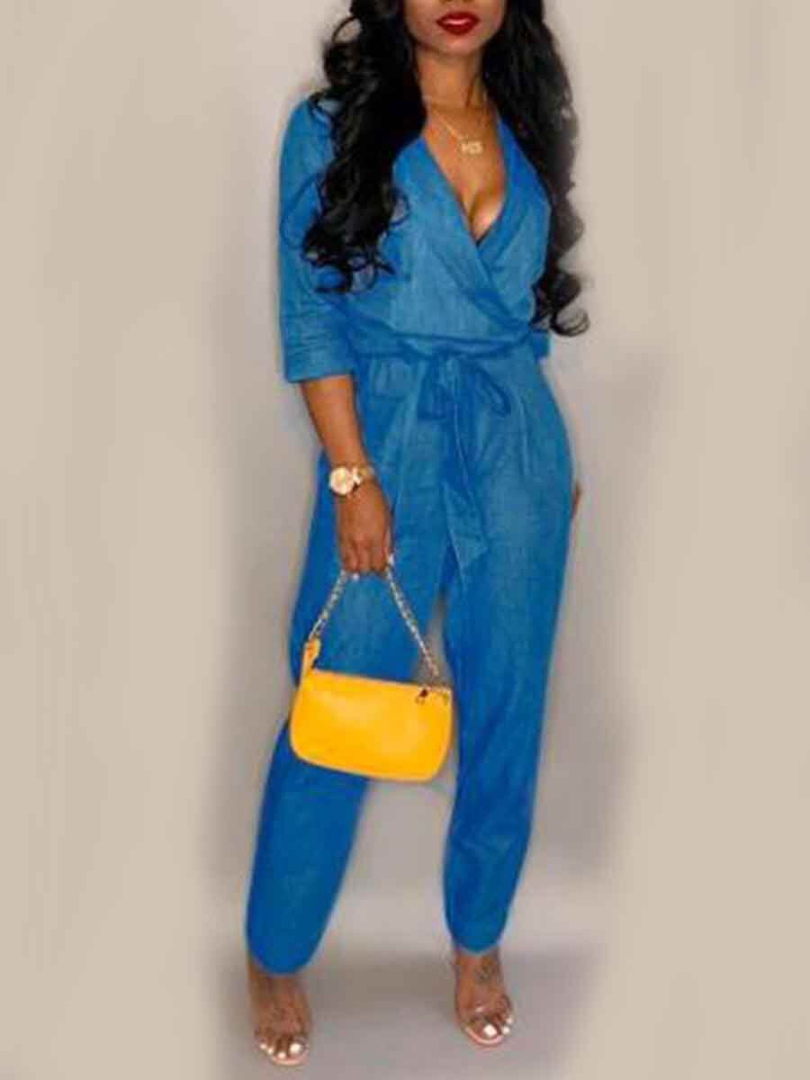 

Lovely Casual Turndown Collar Lace-up Blue Denim One-piece Jumpsuit