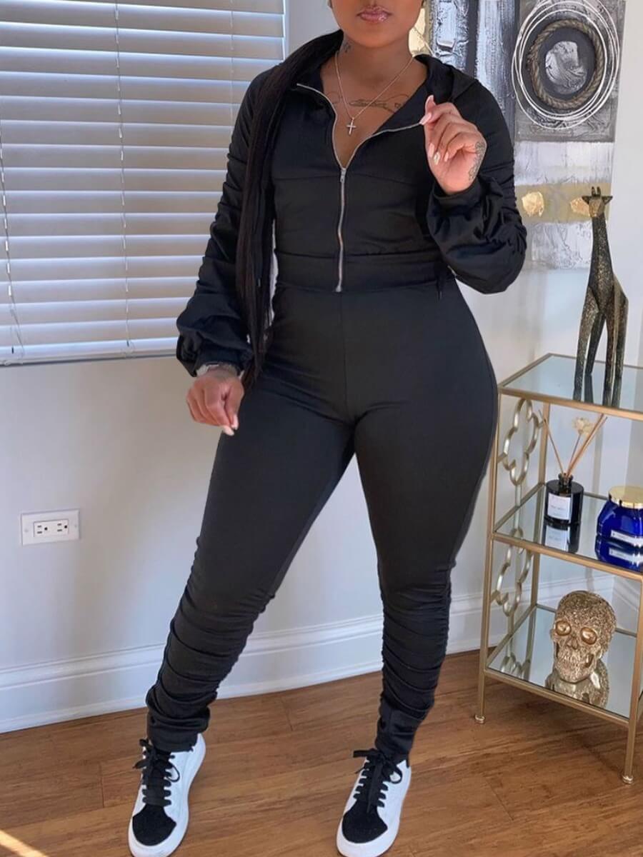 

Lovely Stylish Hooded Collar Zipper Design Black Plus Size Two-piece Pants Set