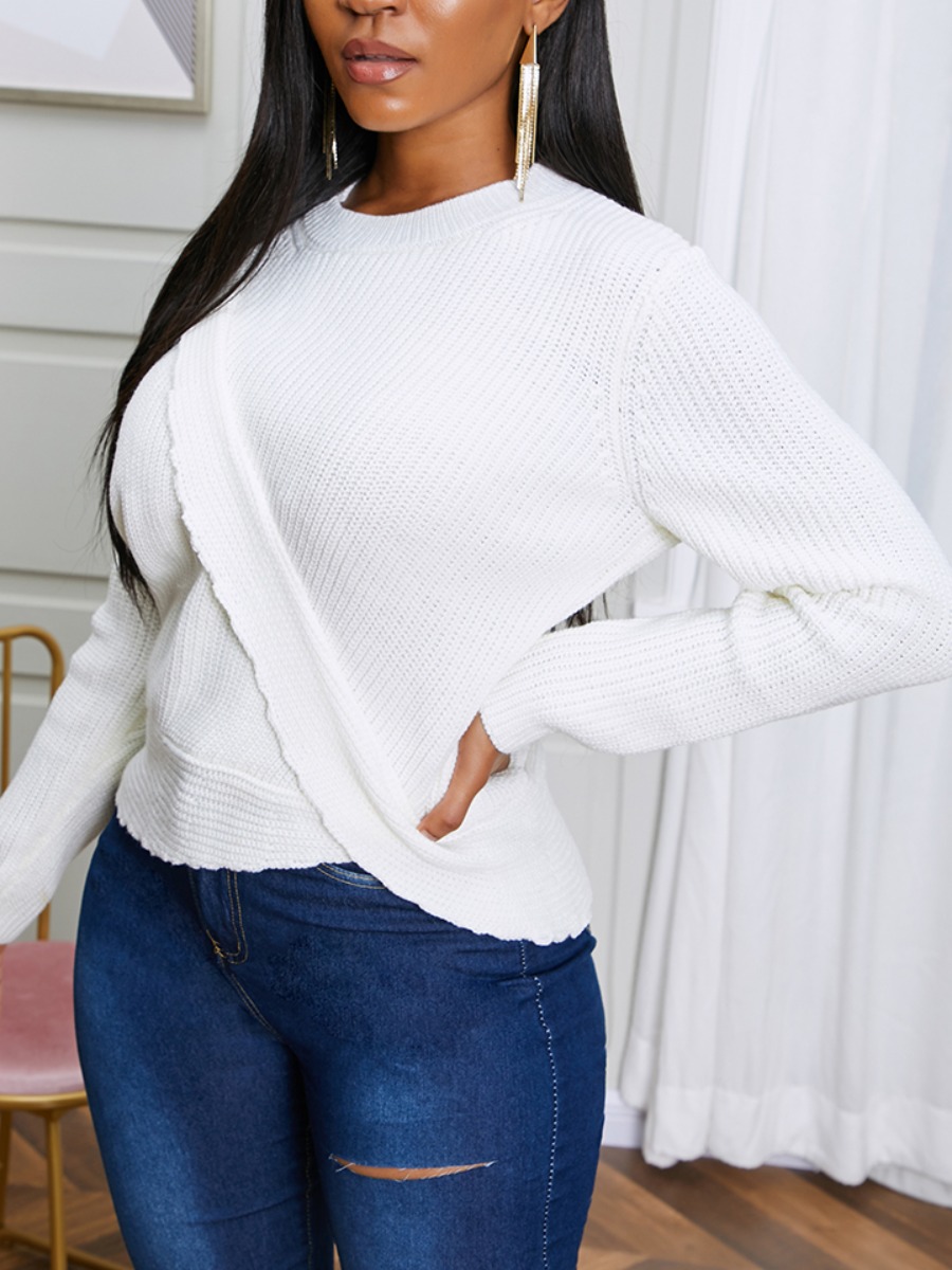 

Lovely Sweet O Neck Cross-over Design White Sweater
