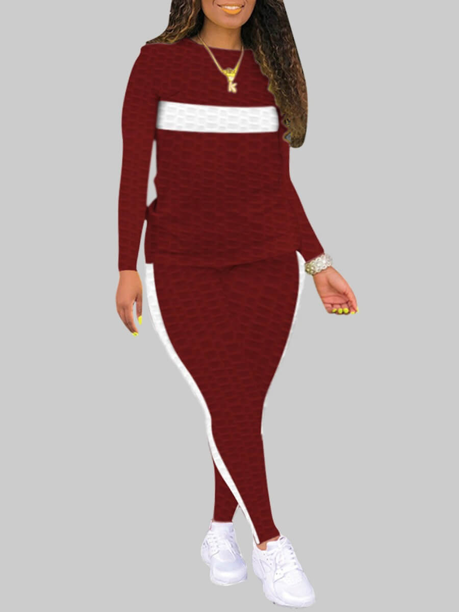 

Lovely Casual O Neck Patchwork Wine Red Plus Size Two-piece Pants Set