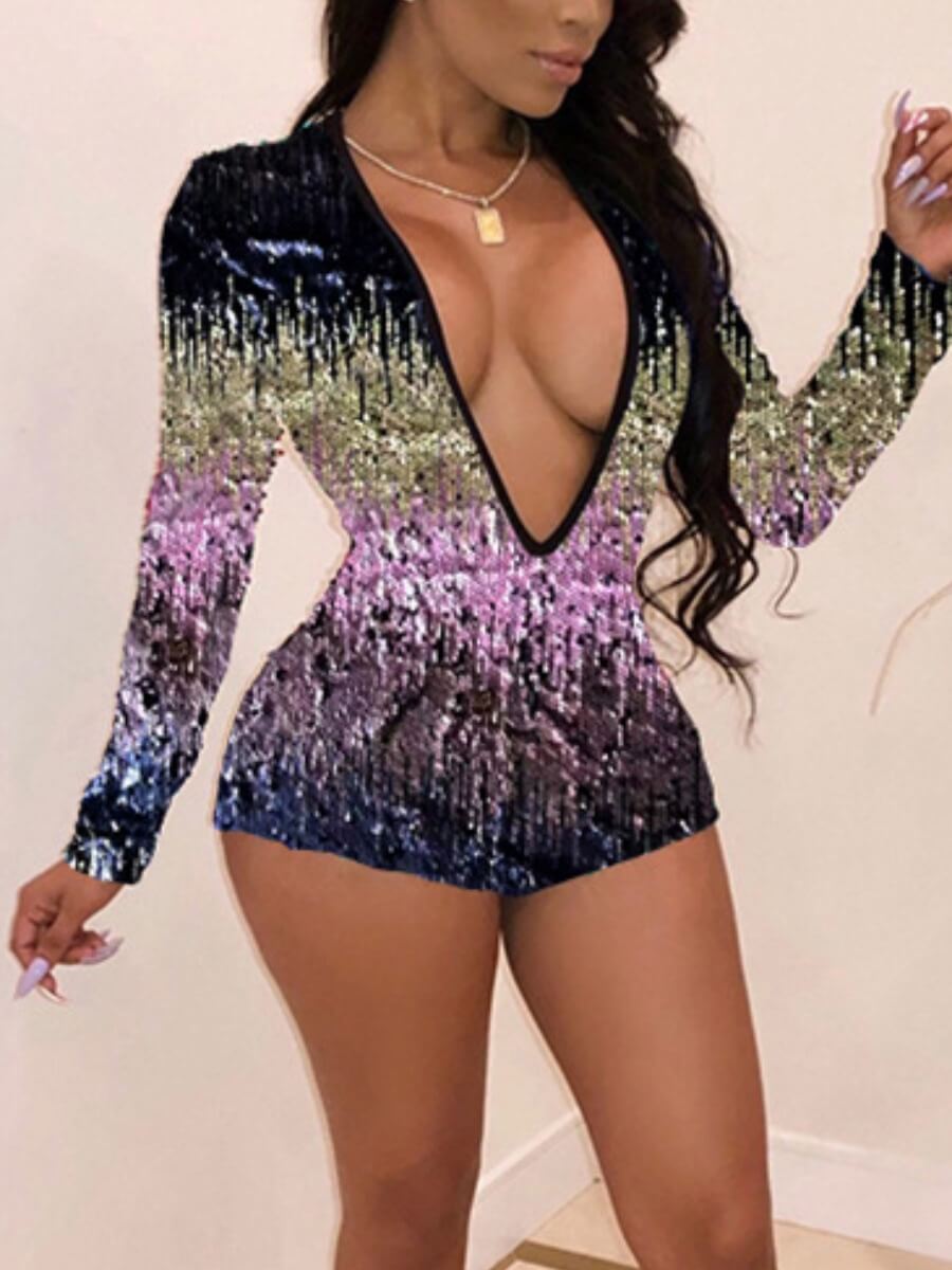 

Lovely Sexy Deep V Neck Gradient Sequined Pink One-piece Romper