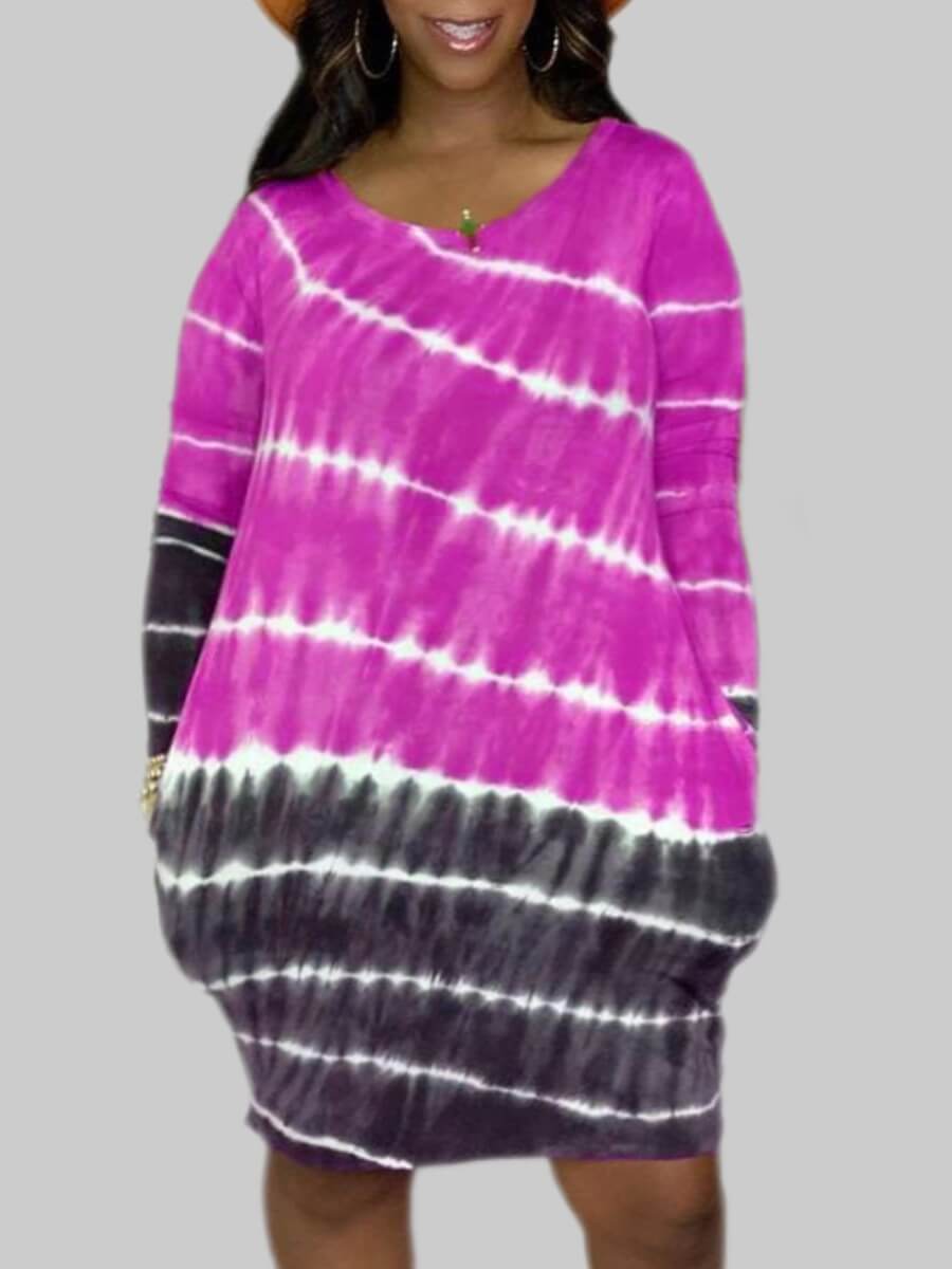 

Lovely Casual O Neck Tie-dye Rose Red Knee Length Plus Size Dress