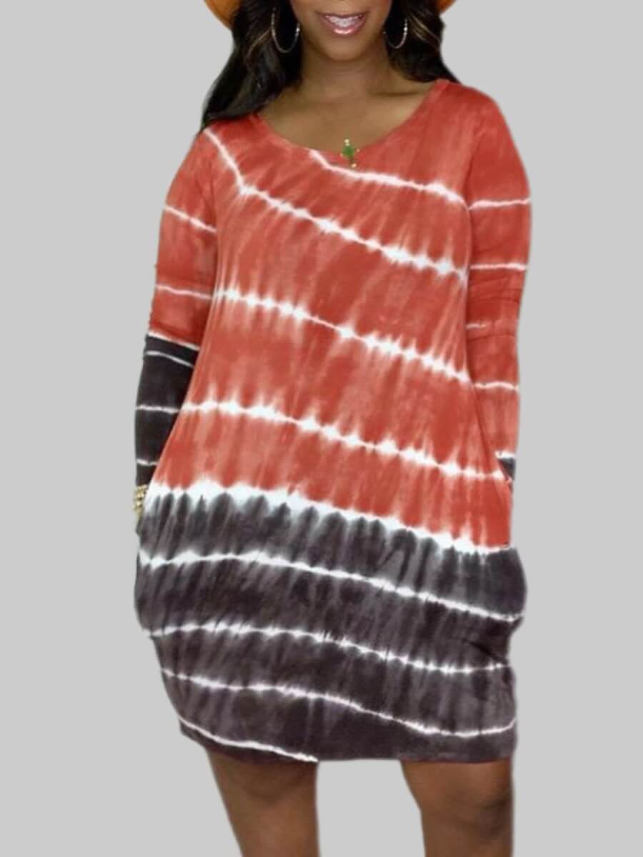 

Lovely Casual O Neck Tie-dye Red Knee Length Plus Size Dress