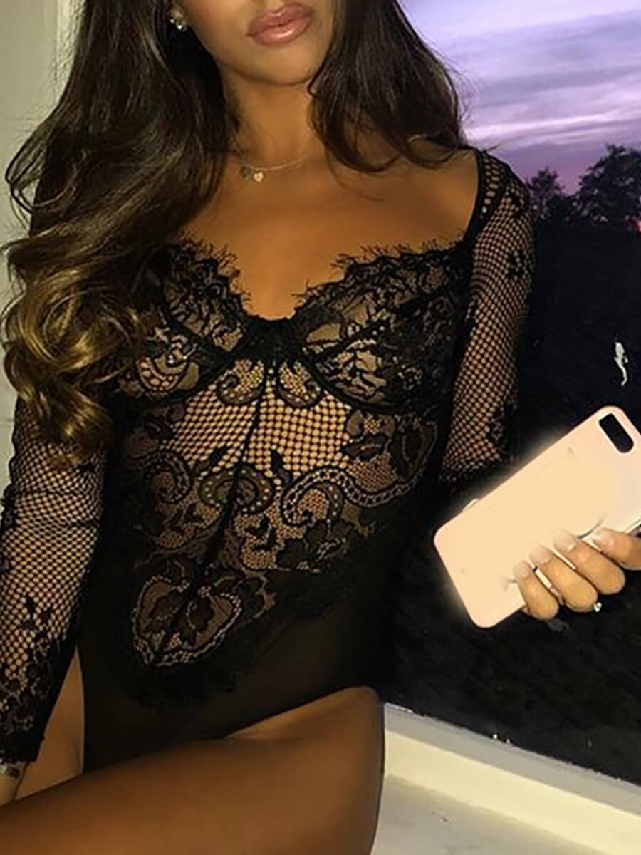 

Lovely Sexy V Neck Lace See-through Black Sleepwear