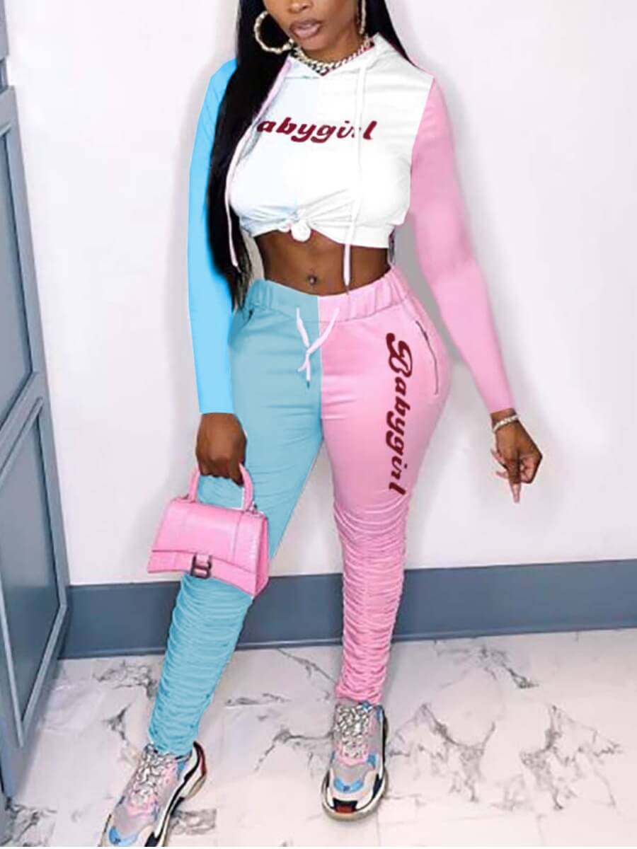 

Lovely Casual Hooded Collar Letter Print Patchwork Pink Two Piece Pants Set