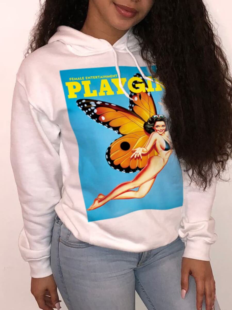 

Lovely Casual O Neck Print White Hoodie