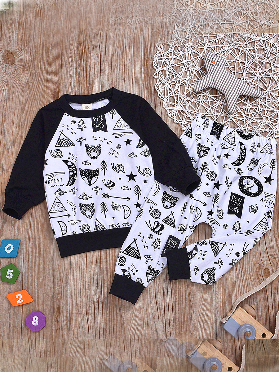 

Lovely Casual O Neck Print Patchwork White Boy Two-piece Pants Set