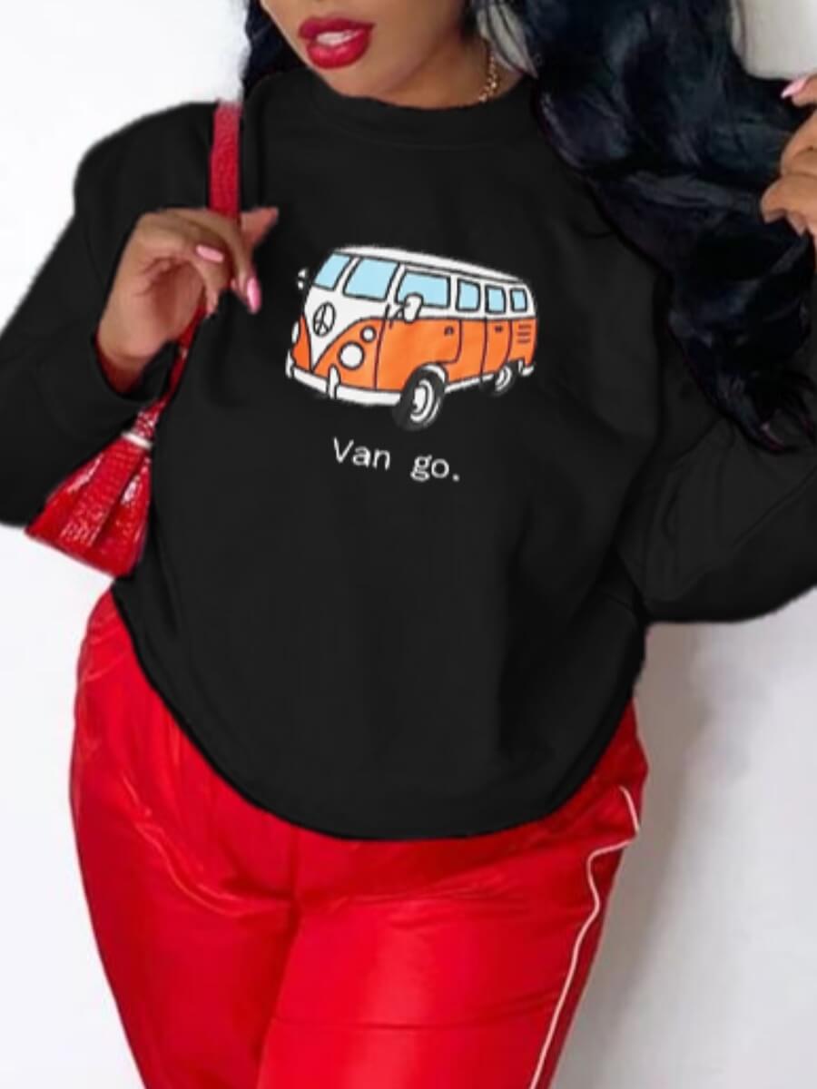 

Lovely Casual O Neck Print Black Hoodie