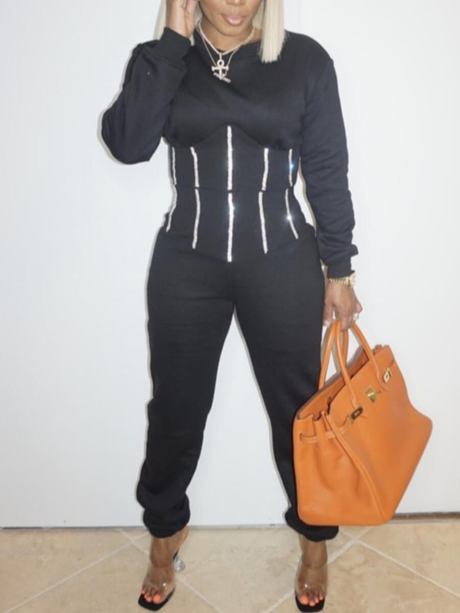 

Lovely Casual O Neck Patchwork Black Two Piece Pants Set