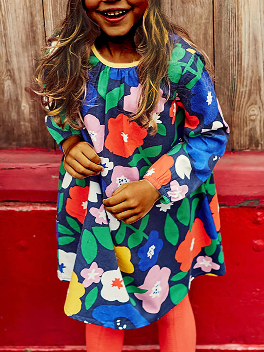

Lovely Sweet O Neck Floral Print Dark Blue Girl Knee Length Dress