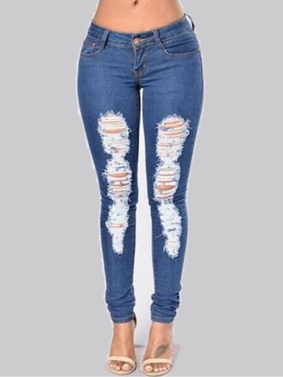 

Lovely Stylish Broken Holes Skinny Blue Jeans