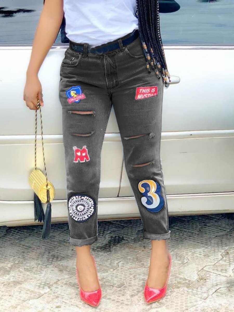 

Lovely Stylish Broken Holes Patchwork Grey Jeans
