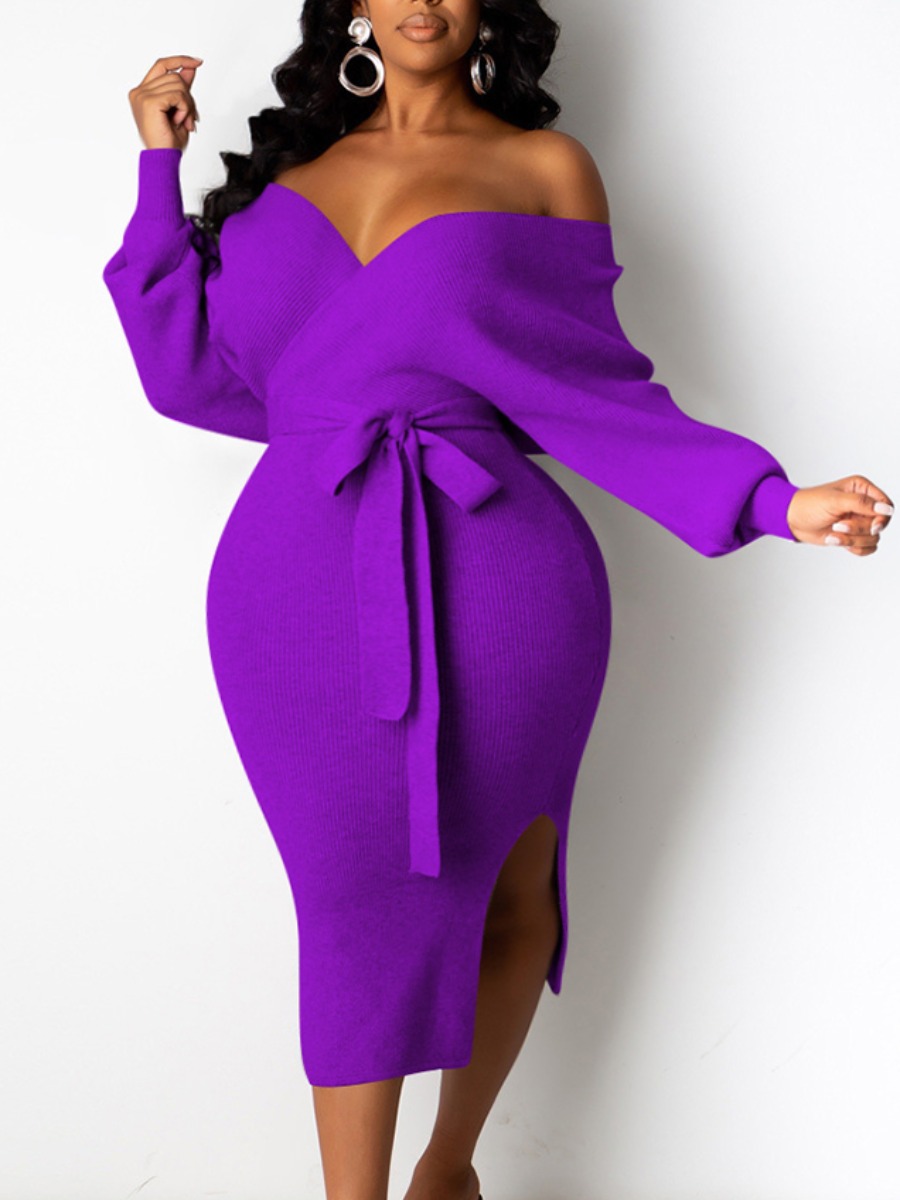 

Lovely Trendy Backless Lace-up Purple Mid Calf Dress