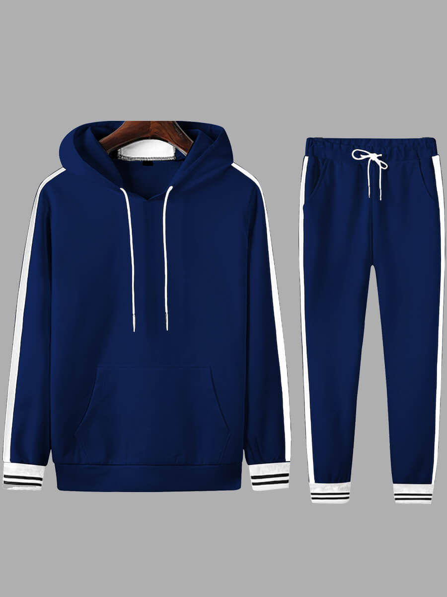 

Lovely Sportswear Hooded Collar Patchwork Dark Blue Men Two-piece Pants Set