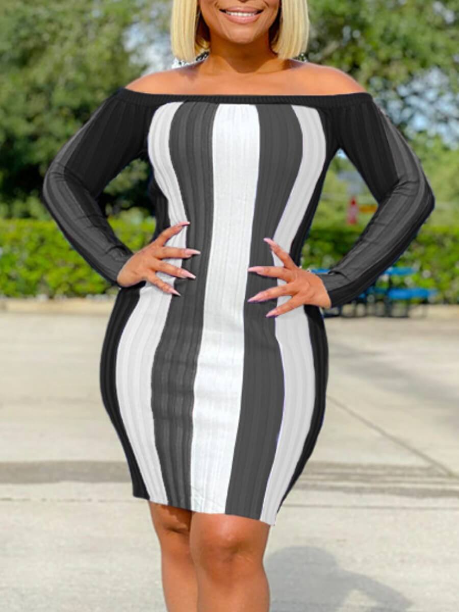 

Lovely Stylish Dew Shoulder Striped Grey Knee Length Dress