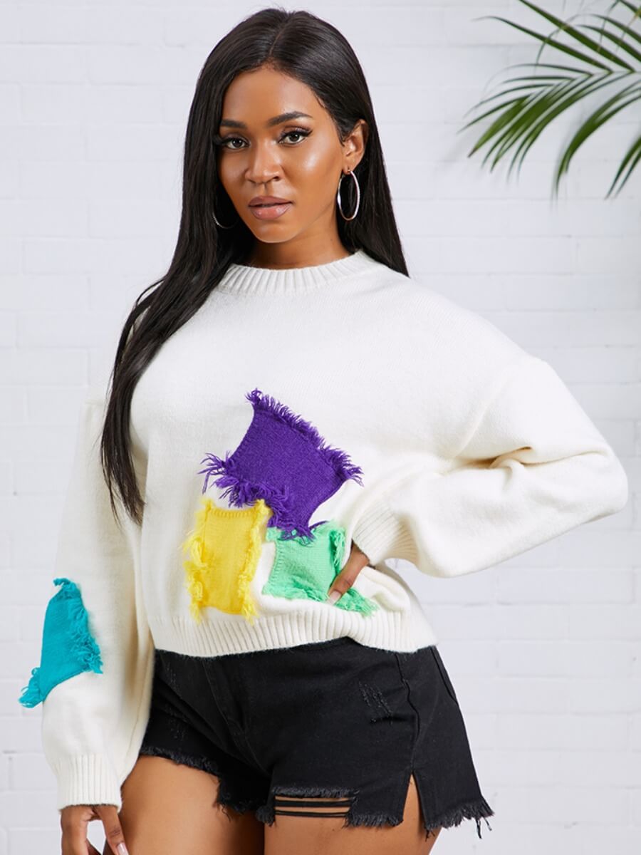 

Lovely Street O Neck Patchwork White Sweater