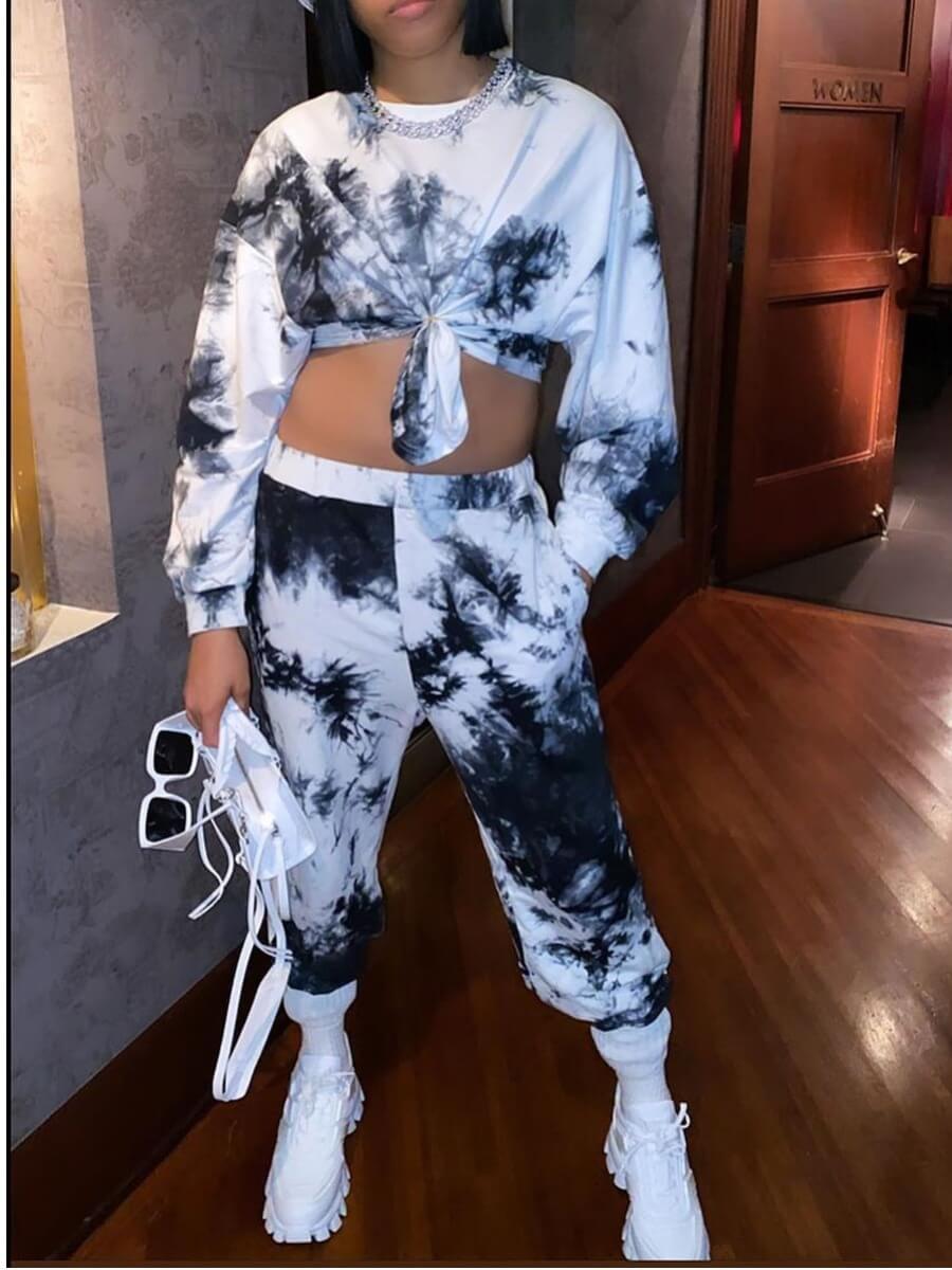 

Lovely Leisure O Neck Tie Dye Black Two Piece Pants Set