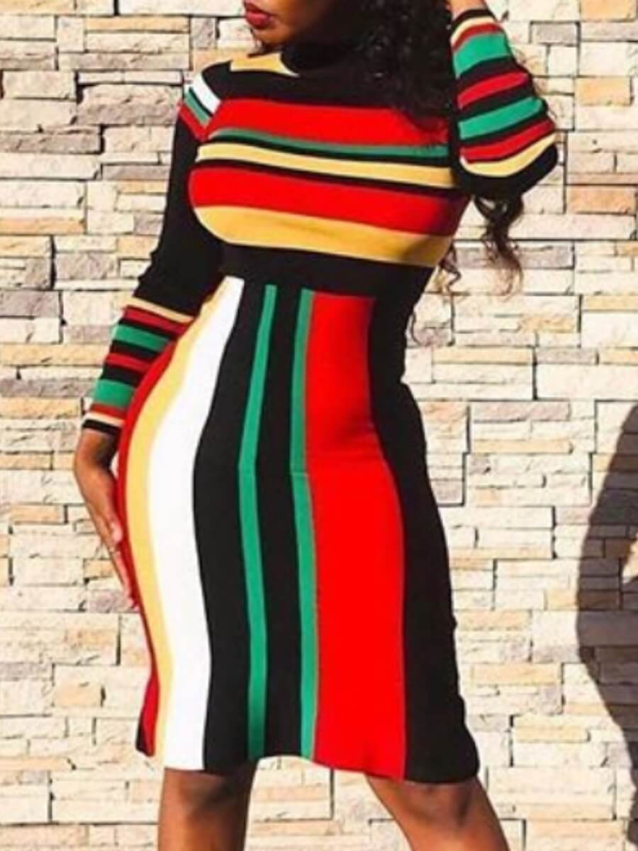 

Lovely Stylish O Neck Rainbow Striped Black Knee Length Dress, Black stripe