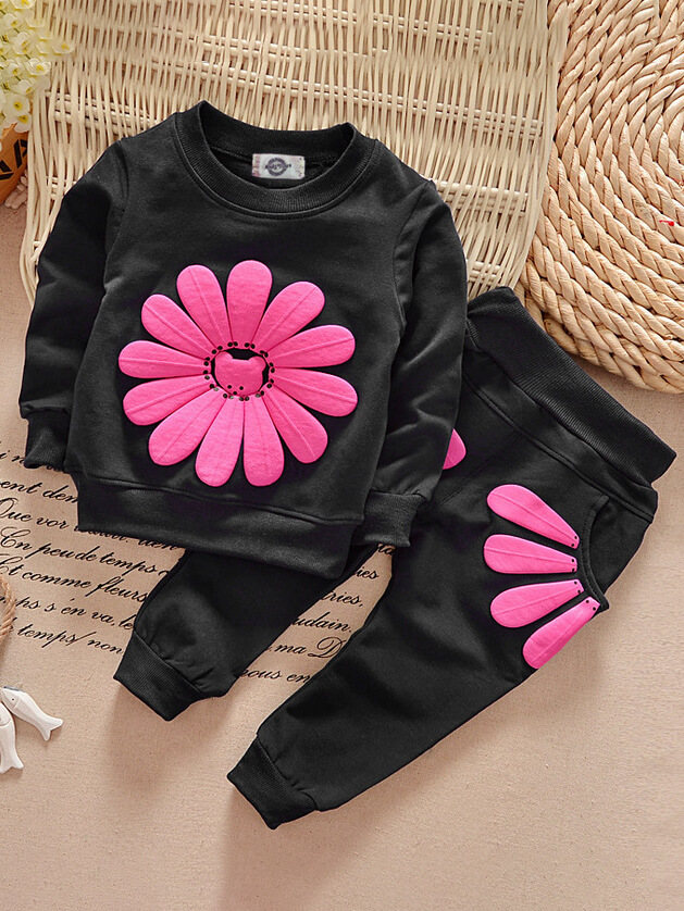 

Lovely Sportswear O Neck Print Black Girl Two-piece Pants Set