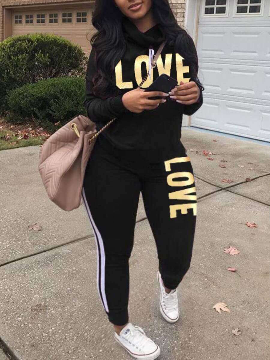 

LW Plus Size Letter Print Tracksuit Sweatsuit Set, Black