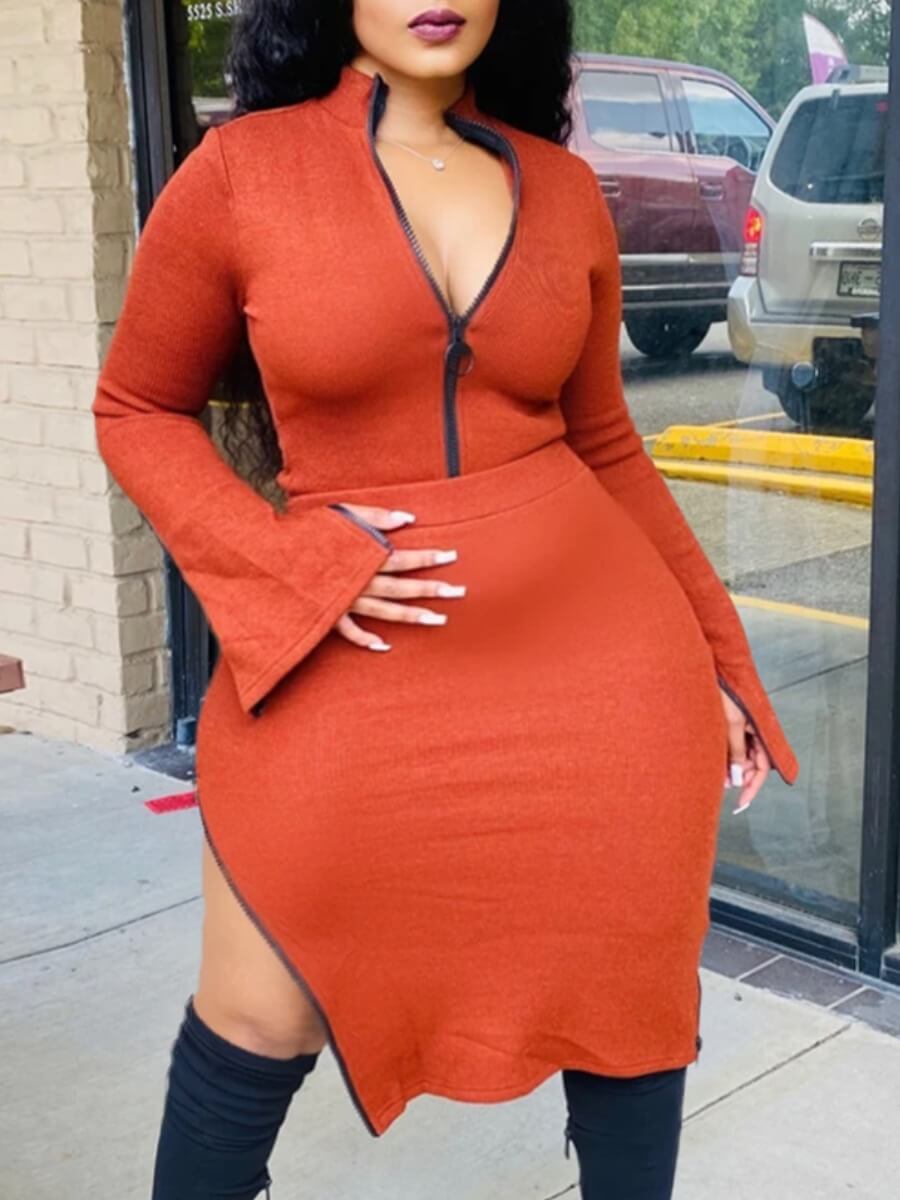 

Lovely Casual Zipper Design Croci Plus Size Two-piece Skirt Set