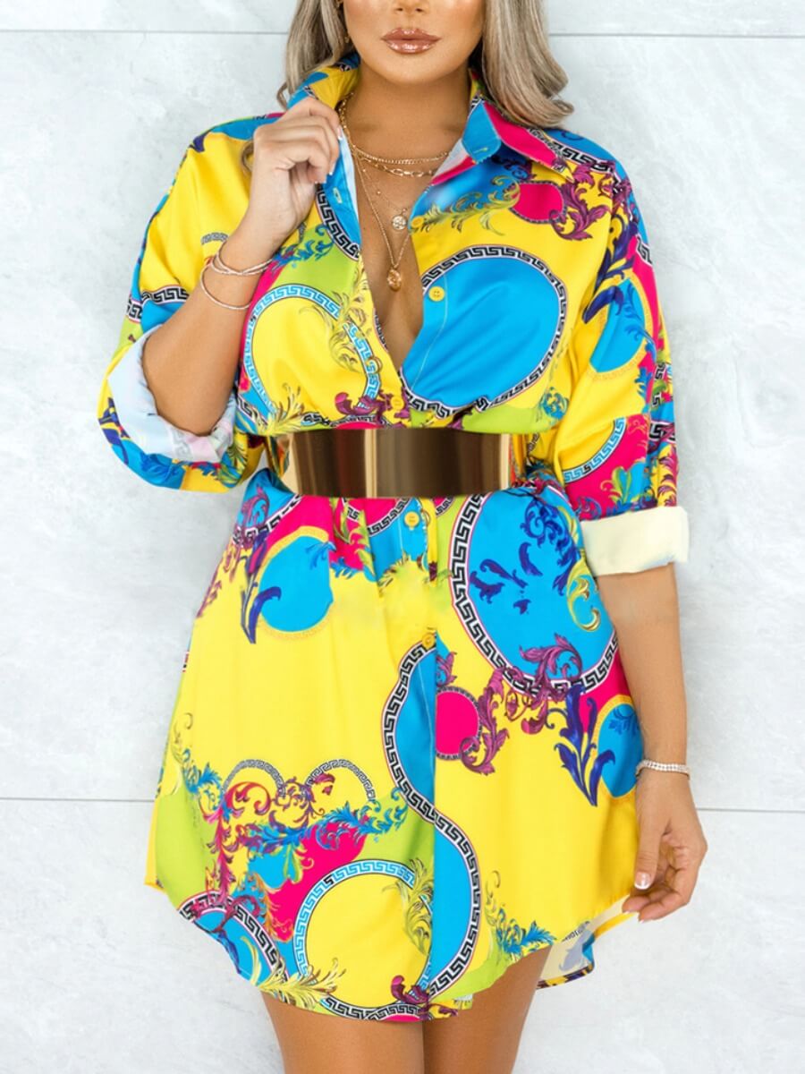 

Lovely Casual Turndown Collar Print Multicolor Mini Plus Size Dress, Multi