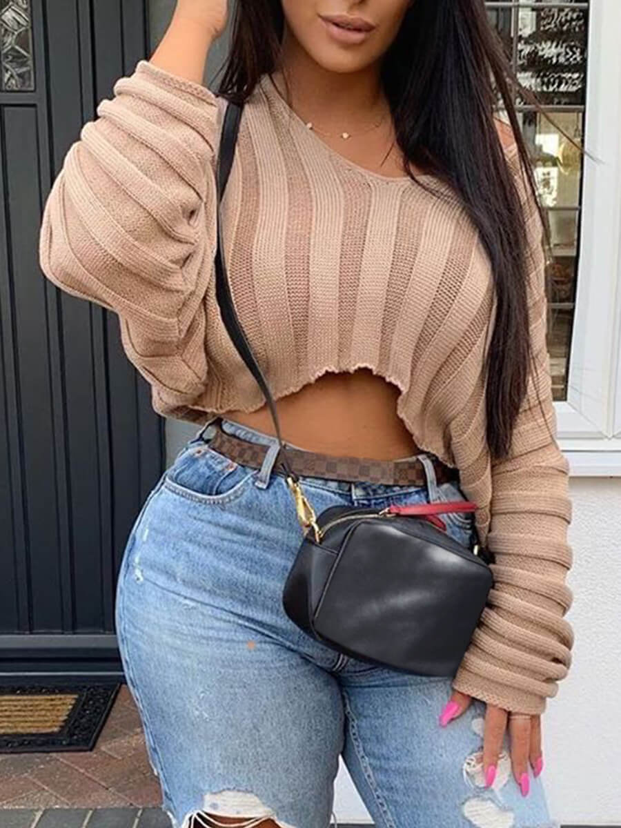 

Lovely Sweet V Neck Striped Khaki Sweater