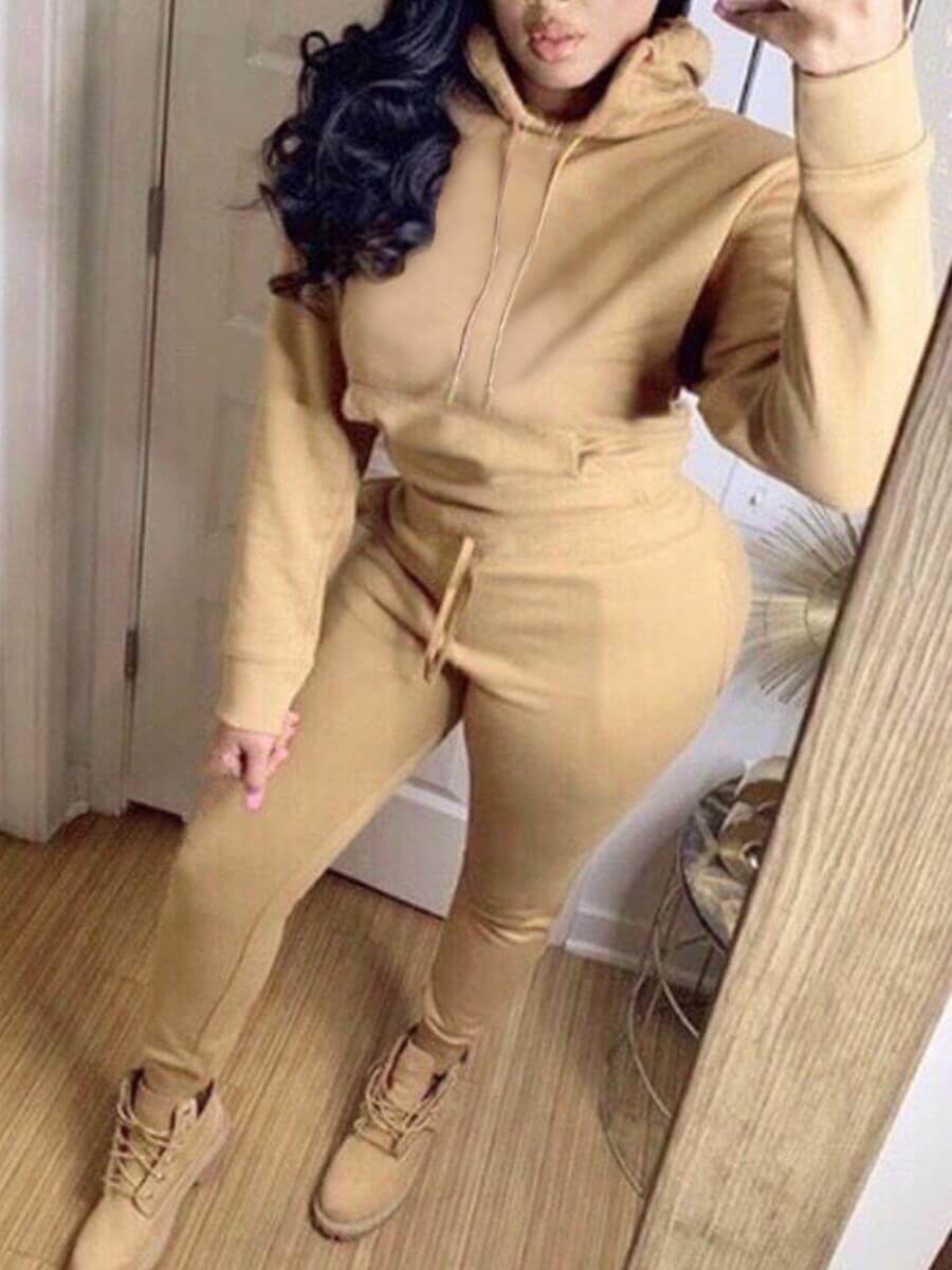 

Lovely Casual Hooded Collar Basic Khaki Two Piece Pants Set