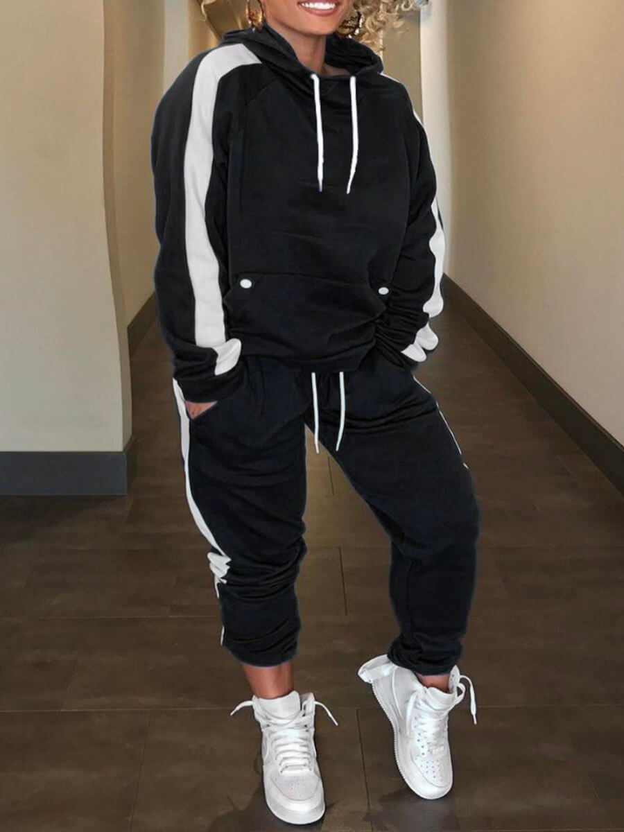 

Lovely Sportswear Hooded Collar Patchwork Black Two Piece Pants Set