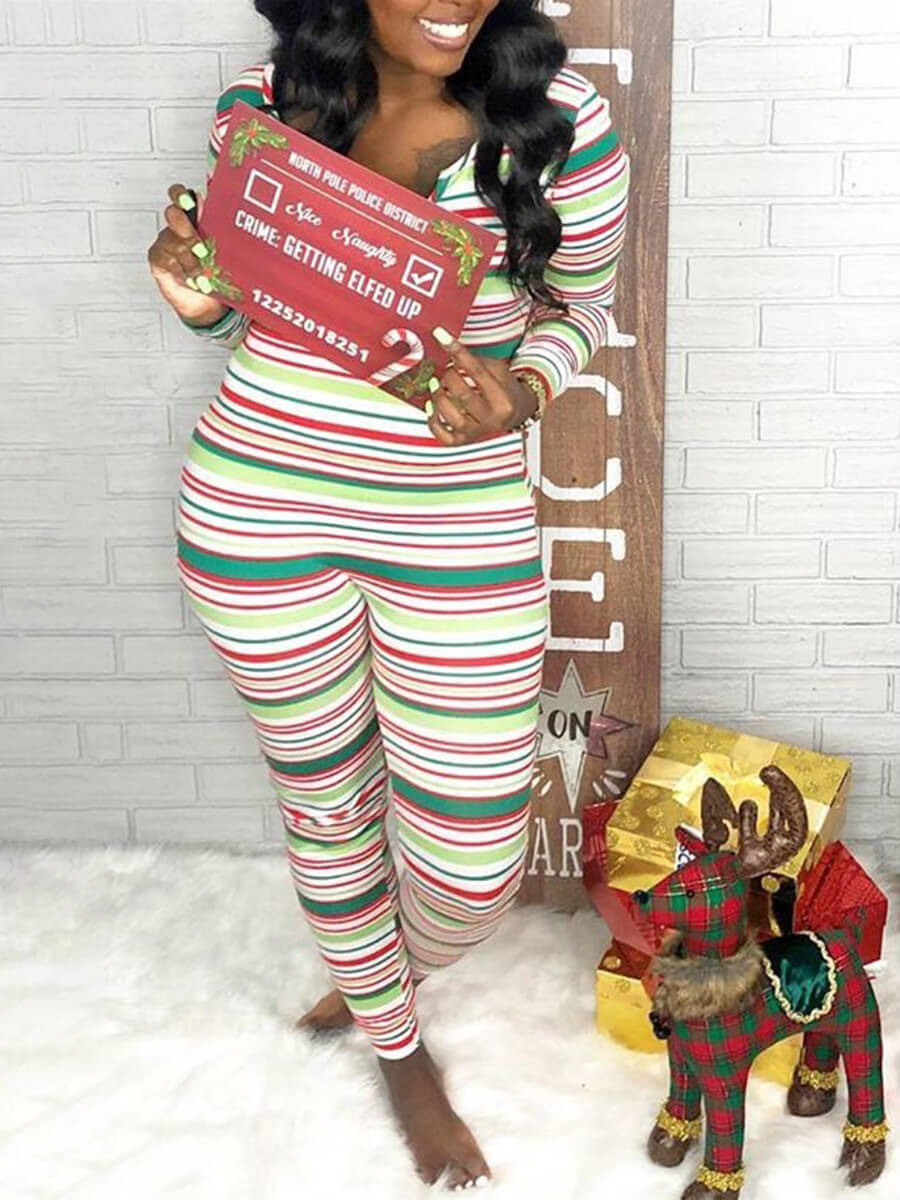 

Lovely Trendy V Neck Rainbow Striped Multicolor One-piece Jumpsuit, Multi