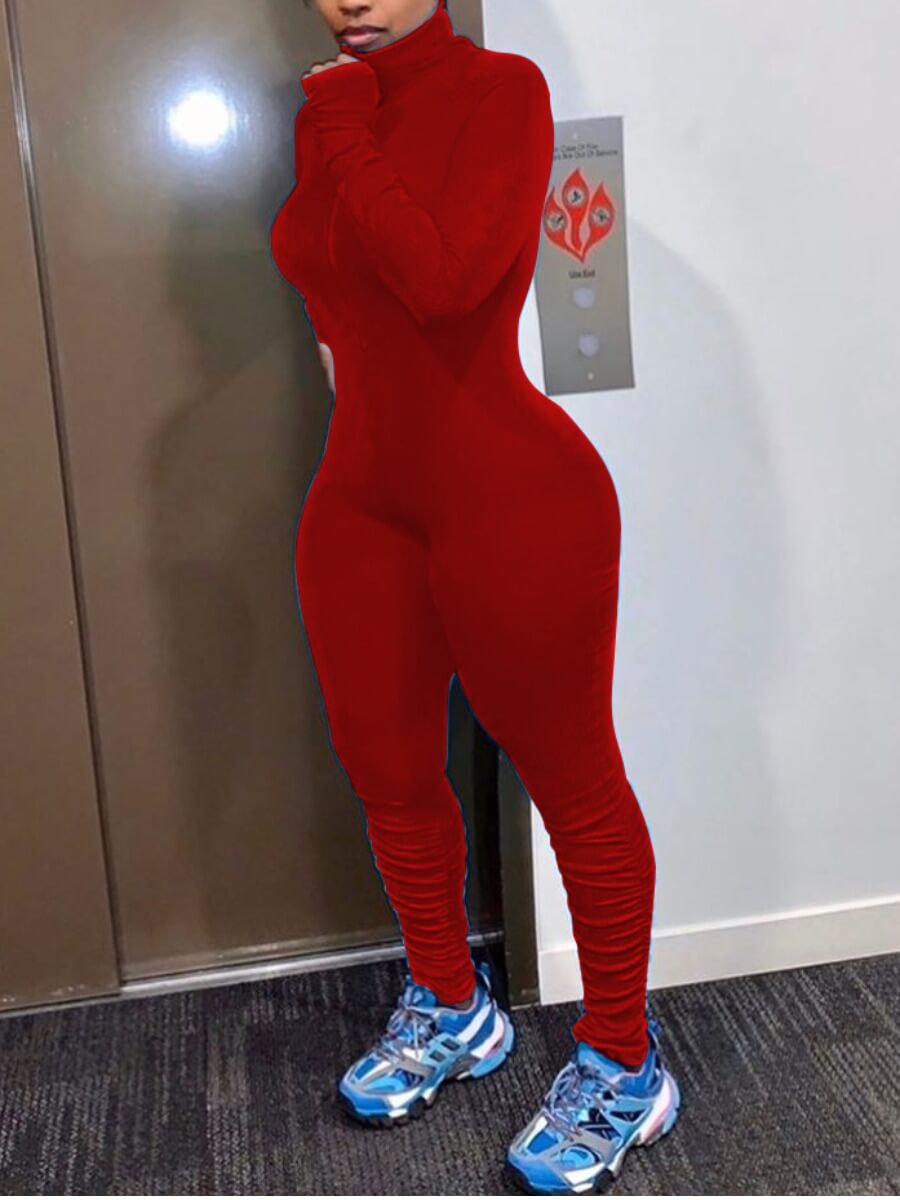 

Lovely Sportswear Zipper Design Skinny Red One-piece Jumpsuit