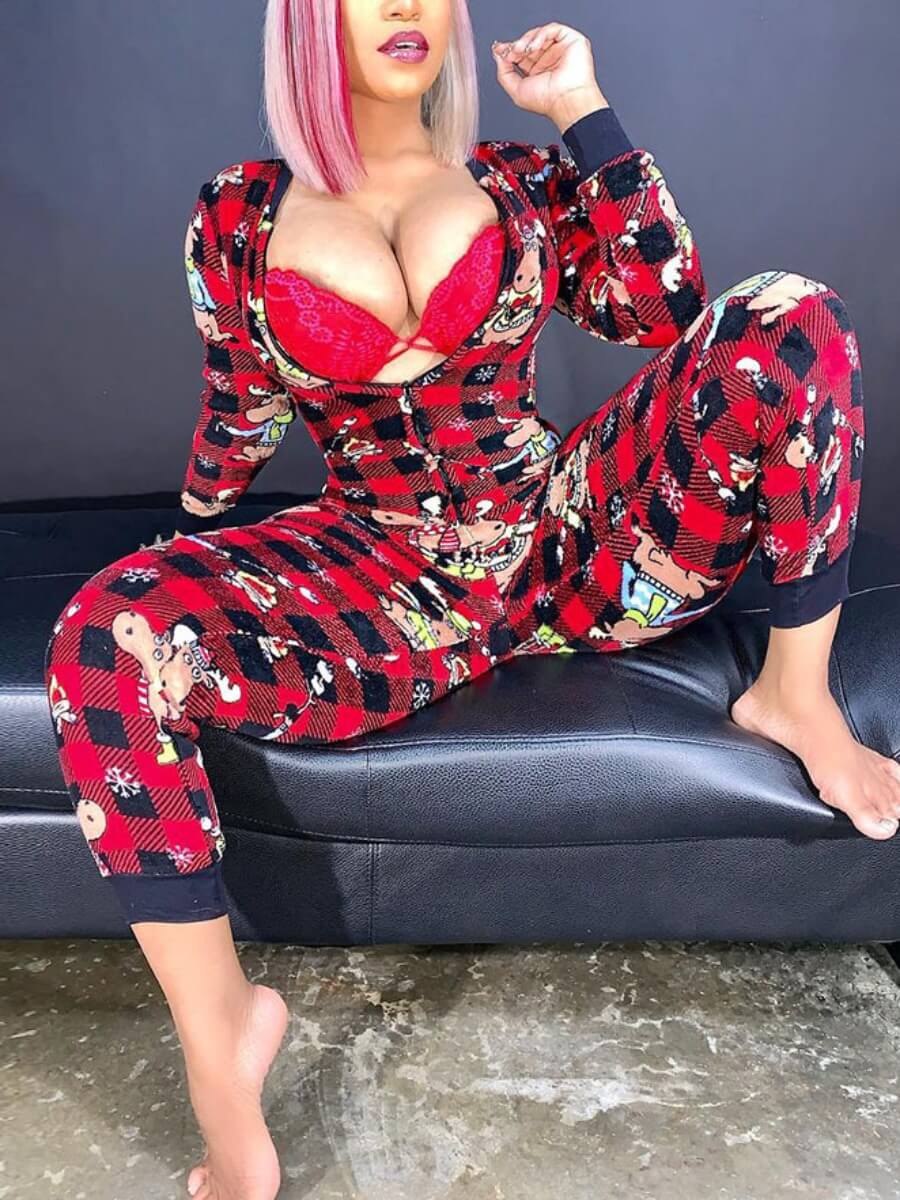 

Lovely Christmas Day Grid Print Red And Black One-piece Jumpsuit, Red and black check