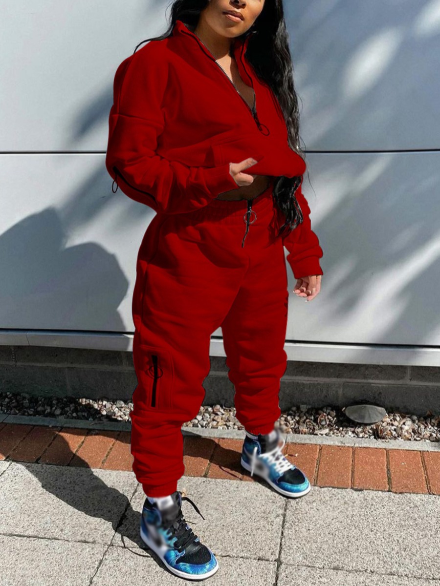 

Lovely Sportswear Turndown Collar Zipper Design Red Two Piece Pants Set
