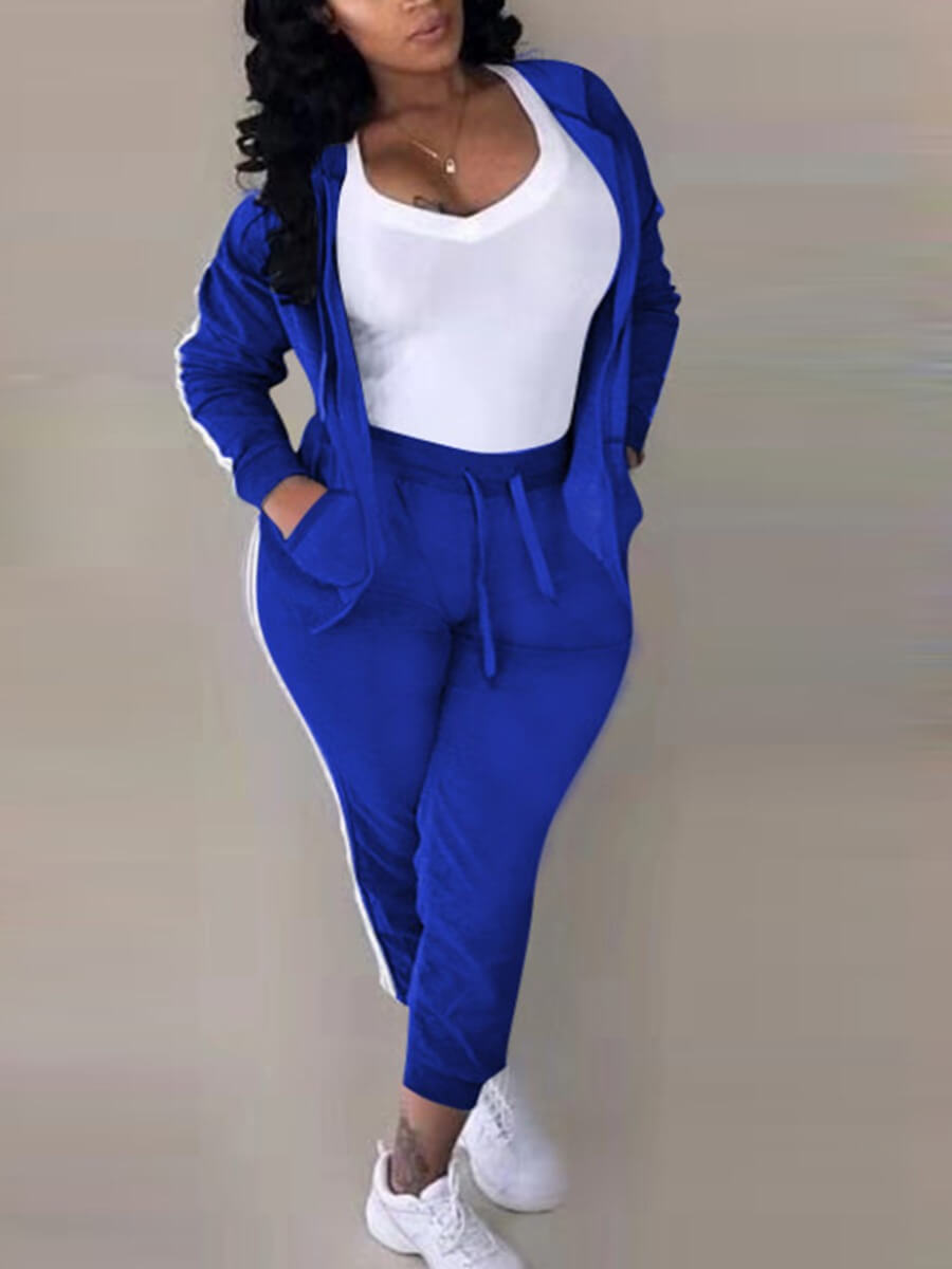 

Lovely Sportswear Turndown Collar Patchwork Blue Two Piece Pants Set