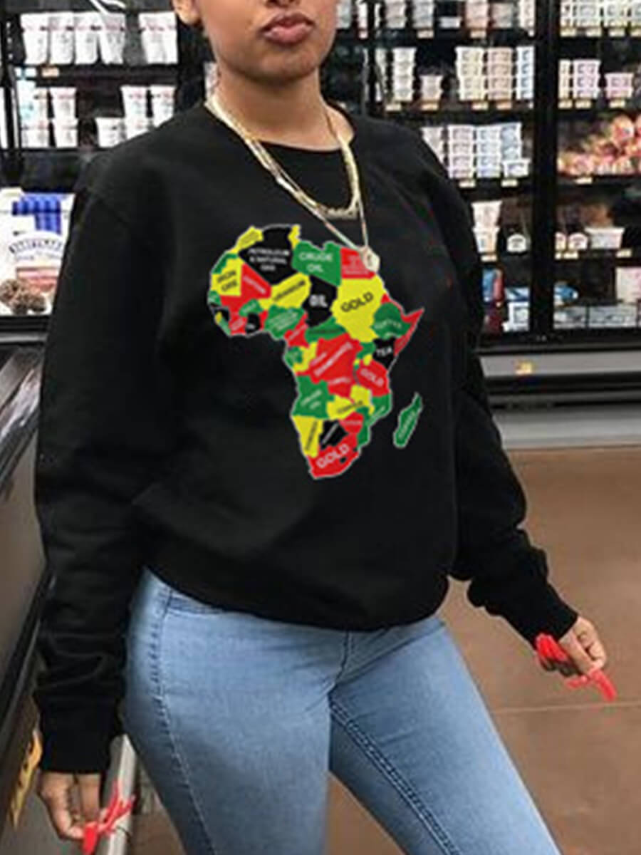 

Lovely Casual O Neck Print Black Hoodie