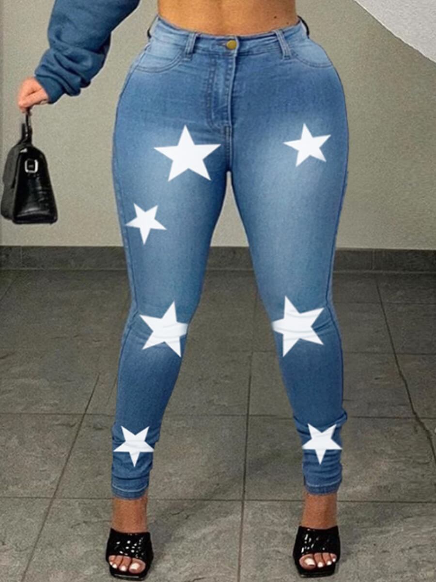 

Lovely Trendy Pentagram Print Blue Plus Size Jeans
