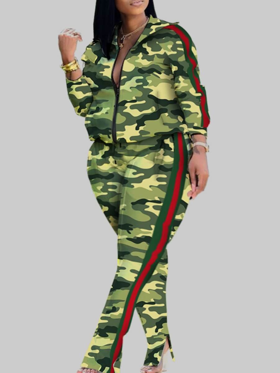 

Lovely Trendy Turndown Collar Camo Print Patchwork Yellow Plus Size Two-piece Pants Set