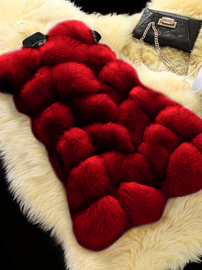 

Lovely Stylish Sleeveless Wine Red Plus Size Faux Fur