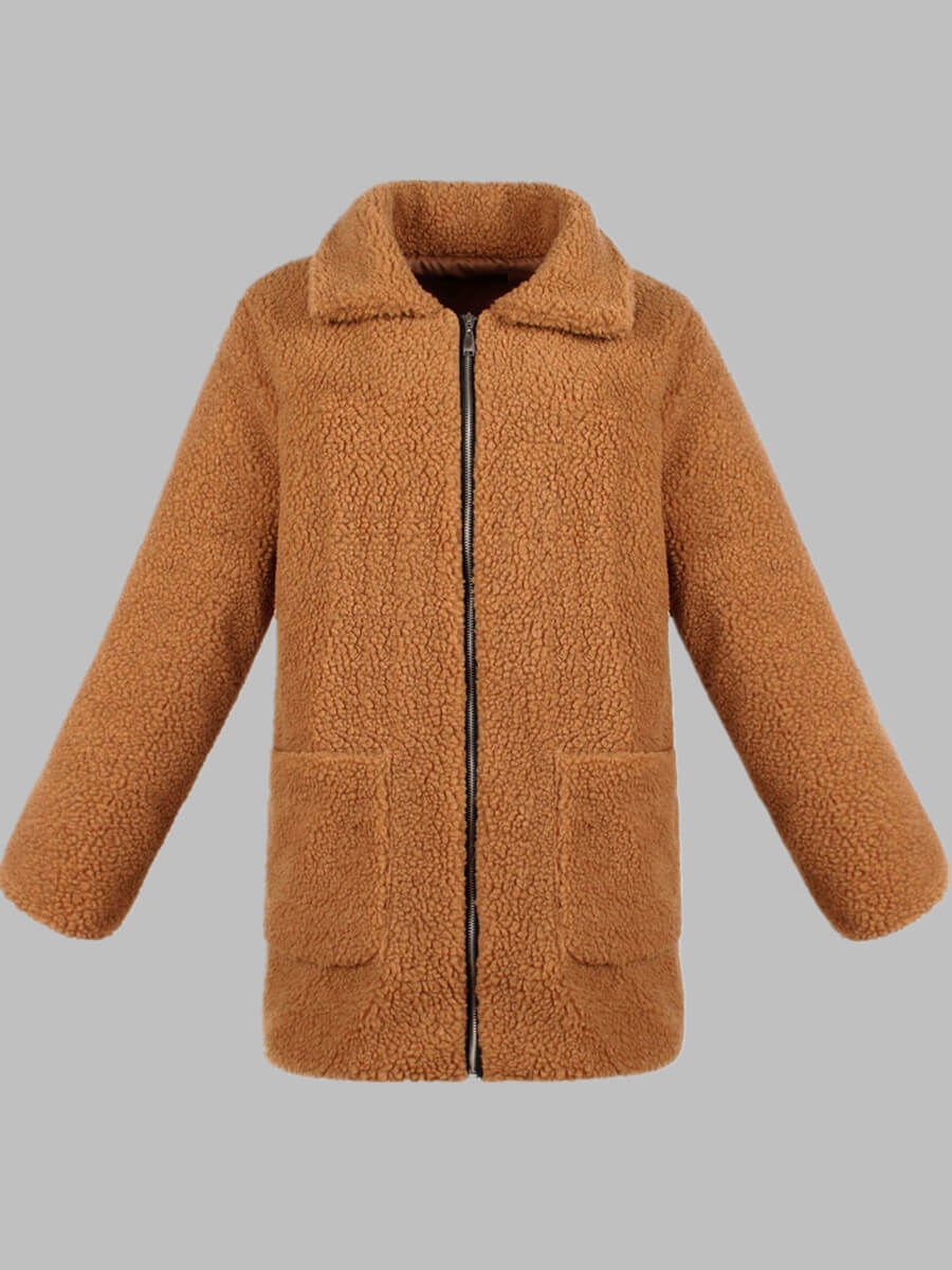 

Lovely Casual Turndown Collar Zipper Design Pocket Patched Brown Coat