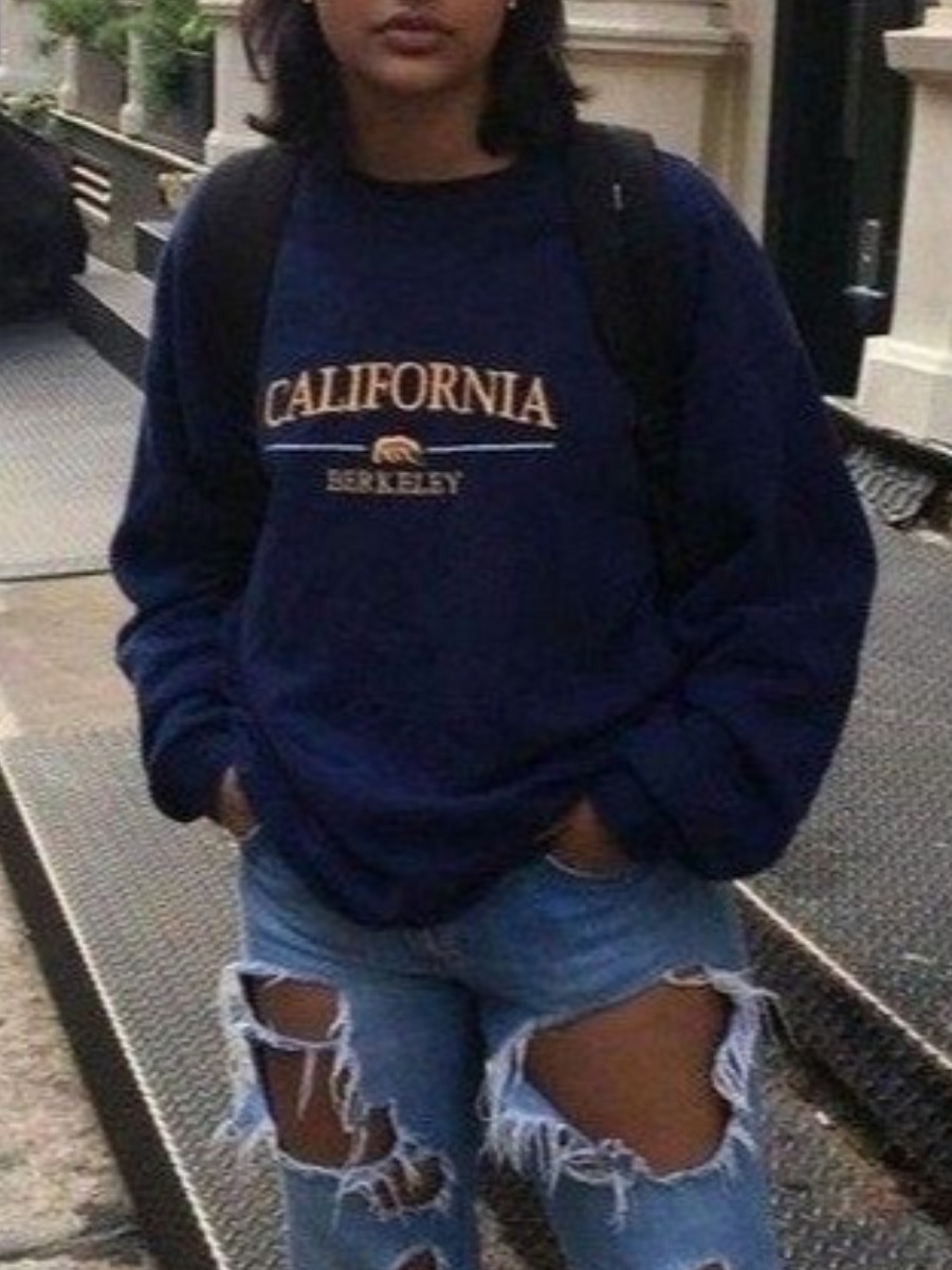 

lovely Casual O Neck Letter Print Navy Blue Hoodie