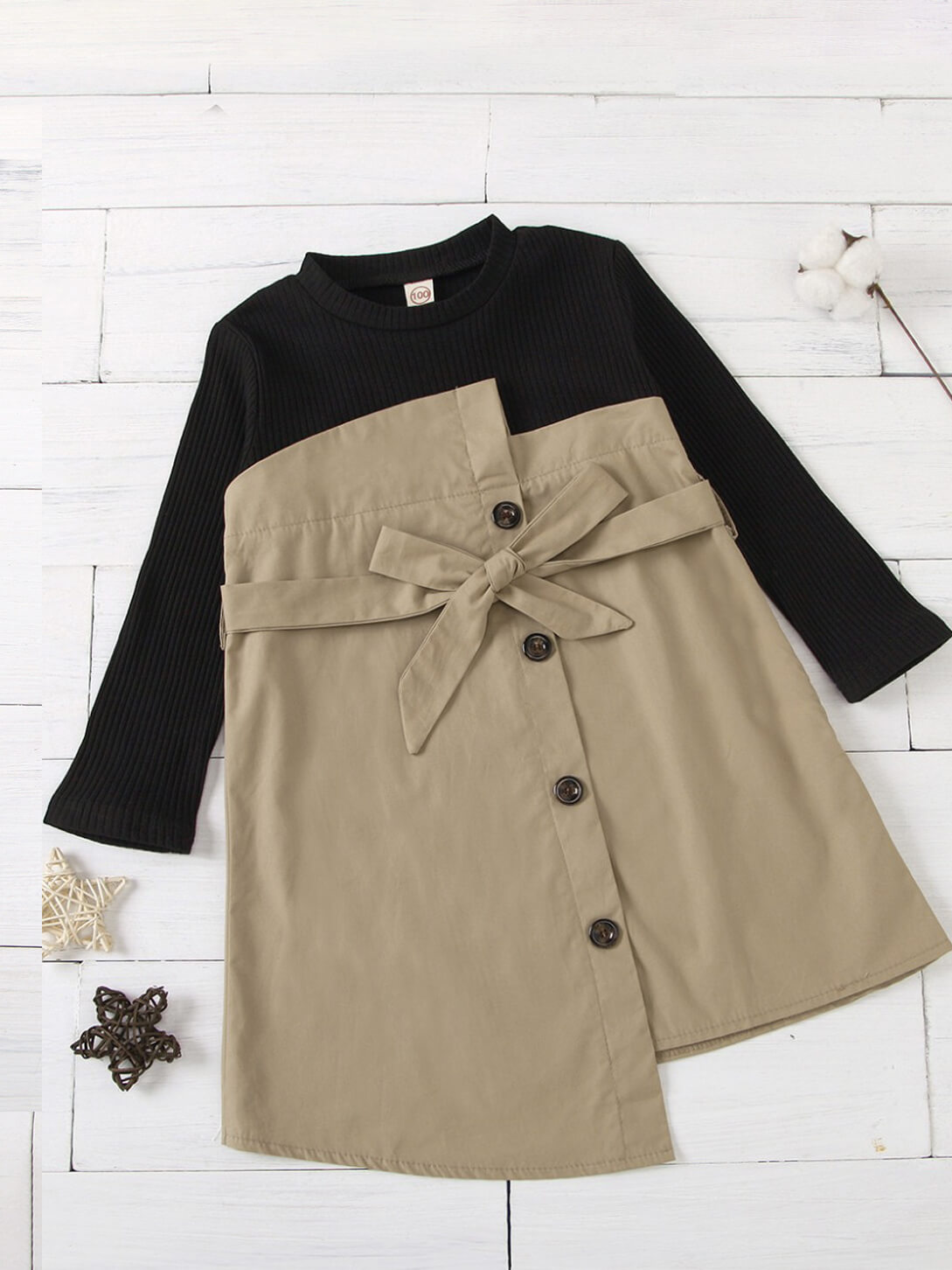 

Lovely Trendy O Neck Patchwork Beige Girl Knee Length Dress