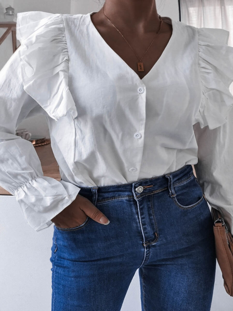 

Lovely Sweet V Neck Tassel Design White Blouse