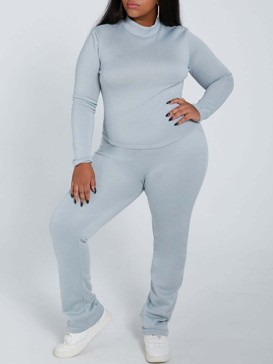 

Lovely Casual Half A Turtleneck Basic Grey Plus Size Two-piece Pants Set