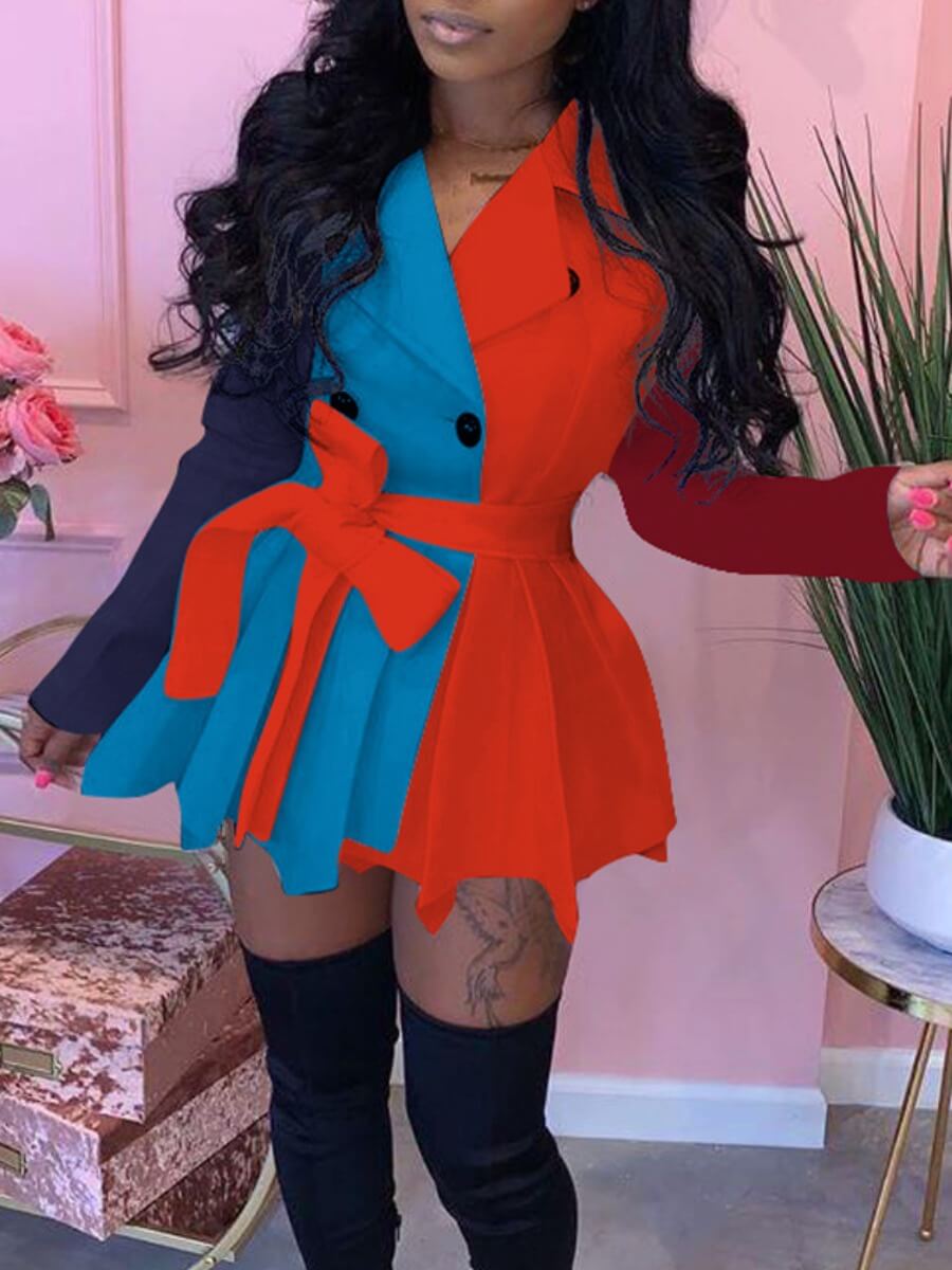 

Lovely Stylish Turndown Collar Patchwork Fold Design Jacinth Mini Dress
