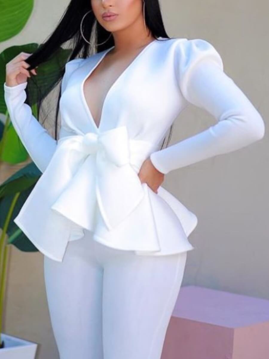 

Lovely Stylish Deep V Neck Flounce Design White Plus Size Coat