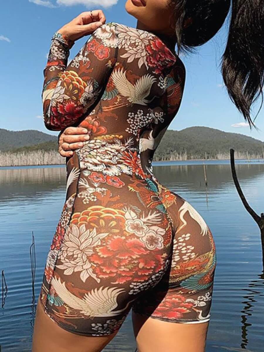 

Lovely Stylish Print Skinny Brown One-piece Romper
